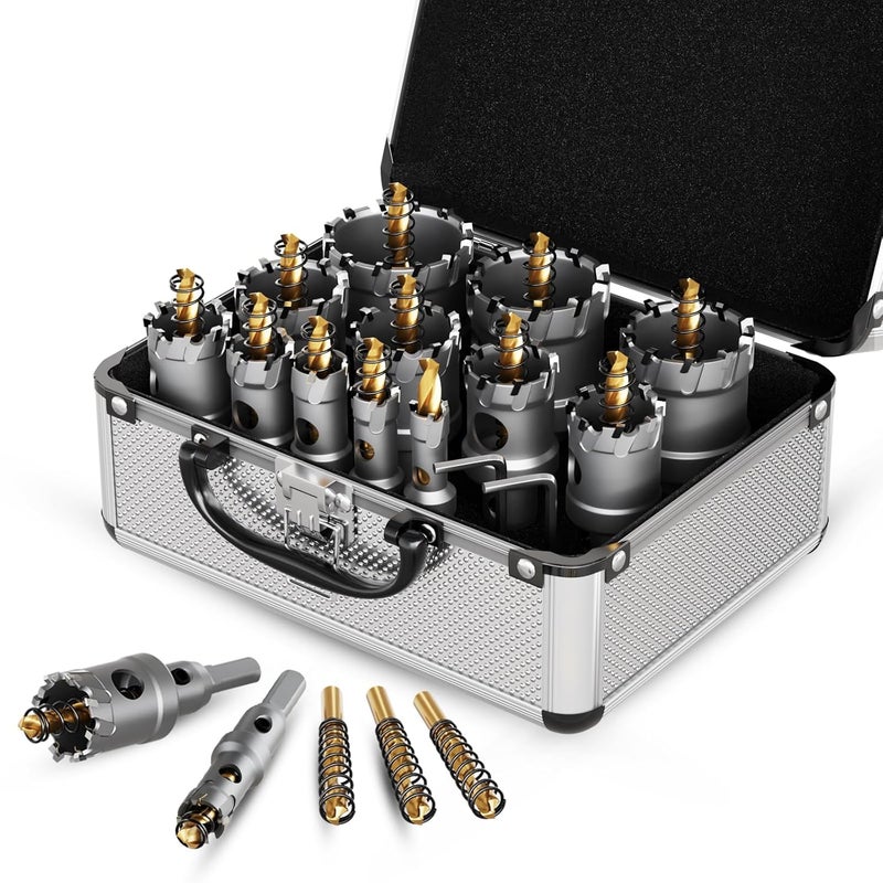 GSTK Upgrade Heavy Duty Carbide Hole Saw 14 Pcs,Metal Steel Hole Saw Drill Bit,TCT Hole Cutter,Alloy Hardness Upgrade, with 2*Extra Titanium Plated Pilot Center Drill and 2*L-Wrench - Image 1